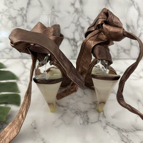 Giuseppe Zanotti Designs Lucite Clear Wedge Sandals Size 38 Bronze Leather Strap - Picture 5 of 11
